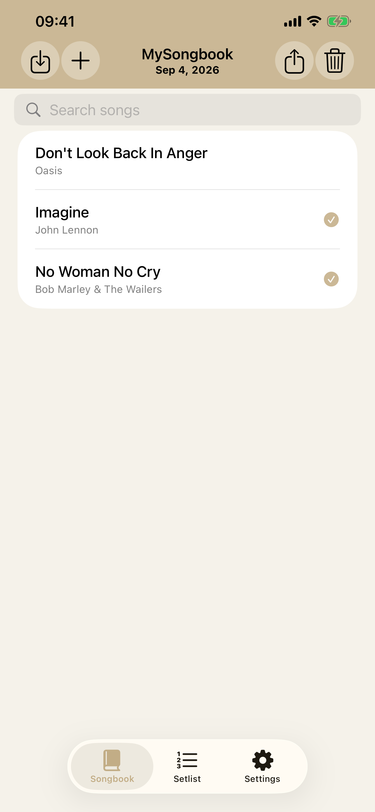 PocketSongbook song library with songs selected for a setlist