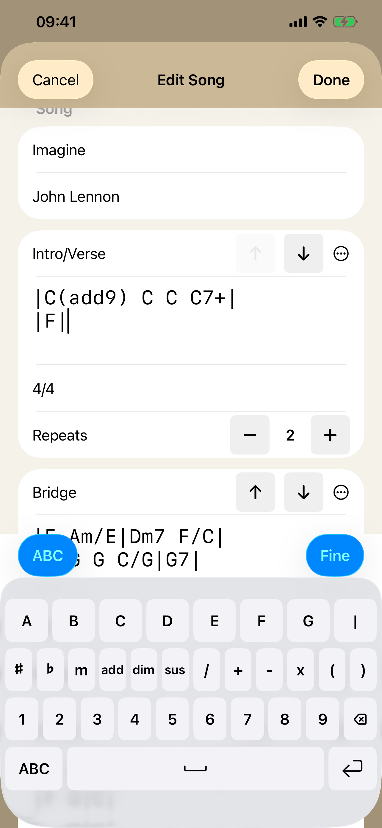 Editing a chord chart with PocketSongbook's dedicated chord-entry keyboard on iPhone
