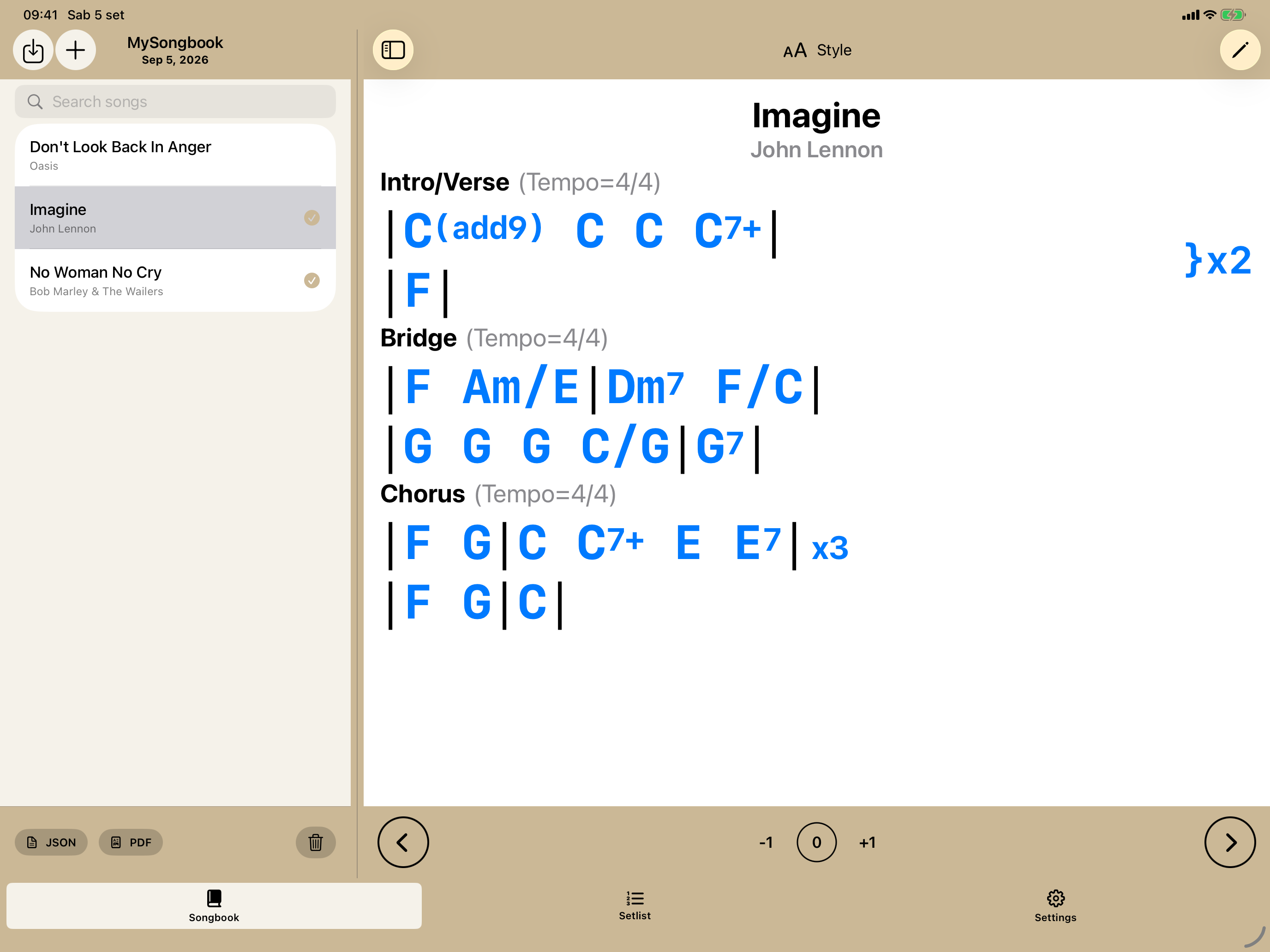 PocketSongbook iPad split view with the songbook and selected song side by side