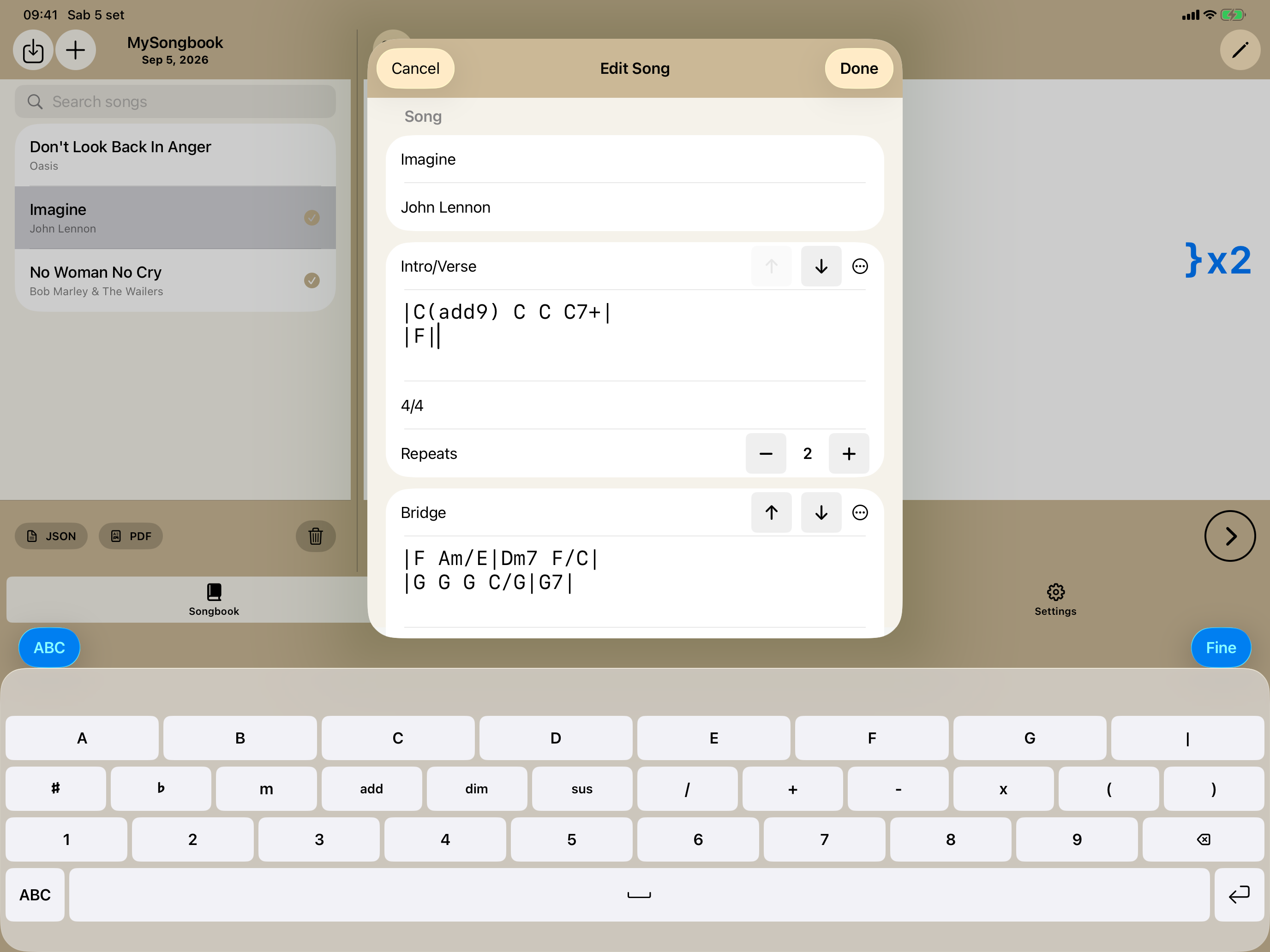 Editing a song with PocketSongbook's chord-entry keyboard on iPad in landscape
