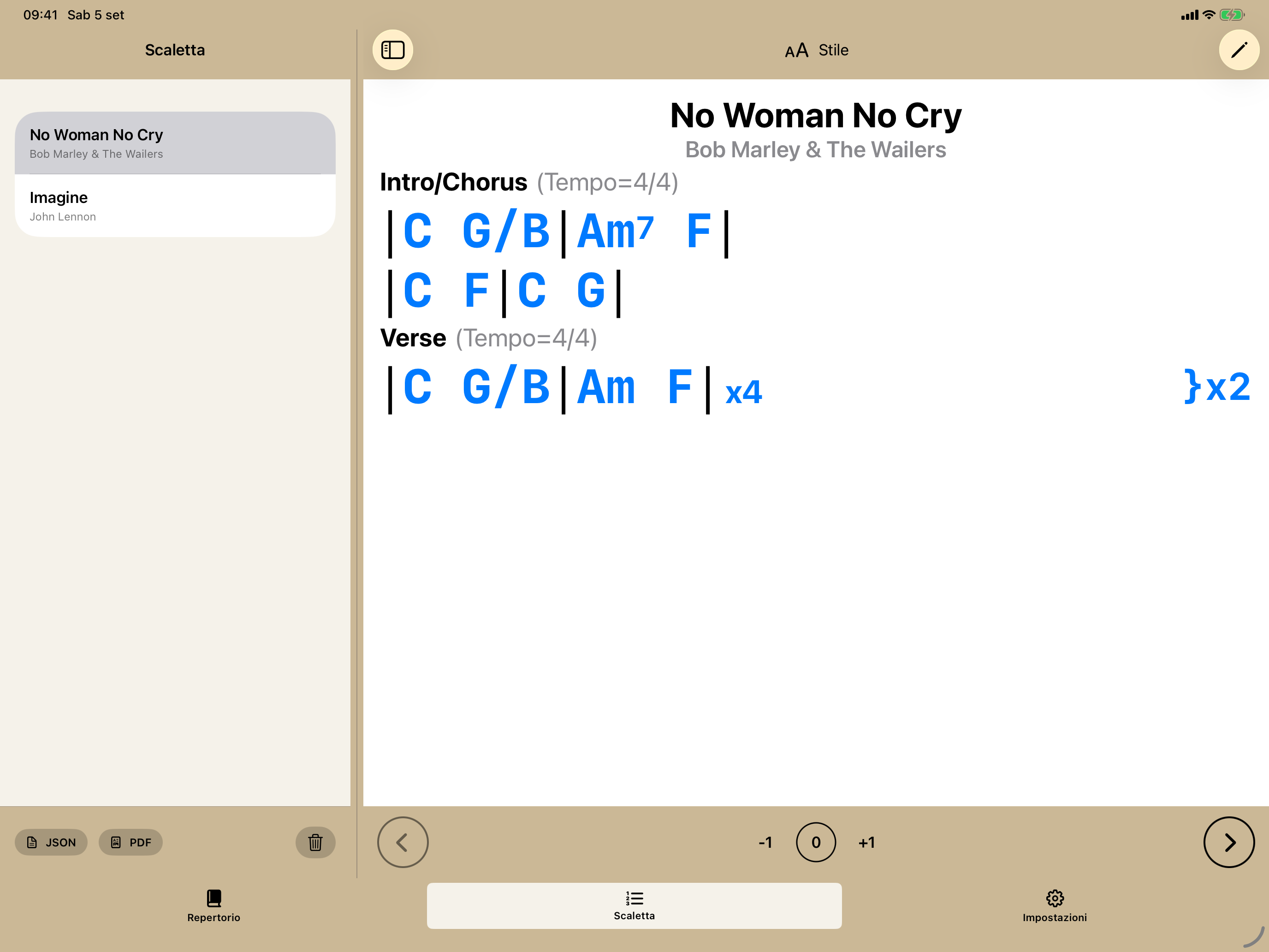 Split view di PocketSongbook su iPad con scaletta ordinata e canzone selezionata
